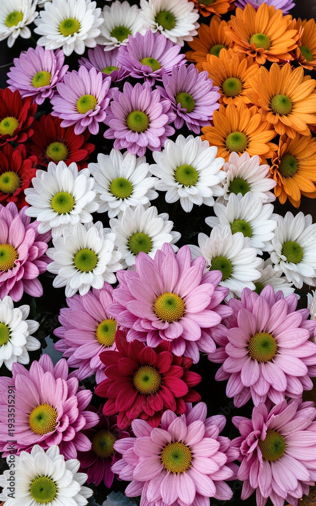 Fototapeta premium Vibrant chrysanthemums in pink white orange and red bloom together.