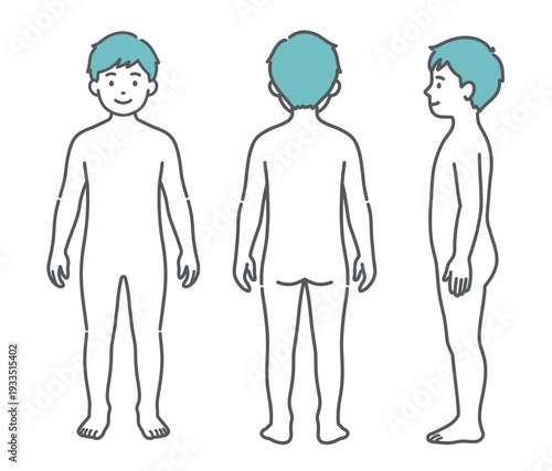 男の子（子供）の人体図・全身モデルのイラストセット（正面・背面・側面）
