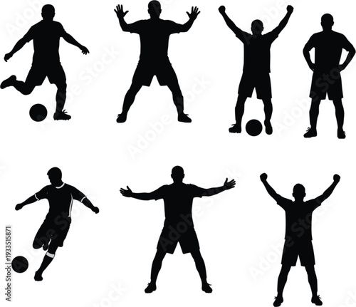 Vector set of black soccer player silhouettes in action poses including kicking and celebrating isolated on white background
