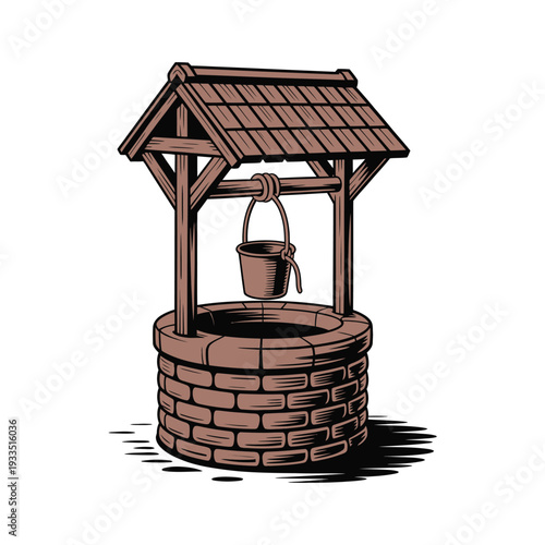 An old brick well with a wooden roof and bucket is depicted in a drawing.