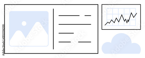 Data management, cloud technology, business analytics, information storage, digital strategy, computing solutions. Minimal design with a chart, cloud shape and image placeholder. Cloud technology
