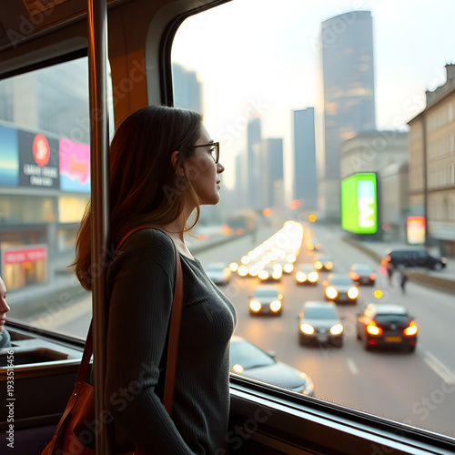 A woman stand on a bus, looking out the window at a bustling city during her evening commute