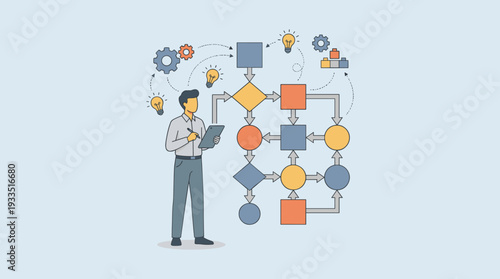 Professional business analyst using structural thinking to map out a complex flowchart, identifying connections, system logic, and process optimization with creative ideas and gear icons.