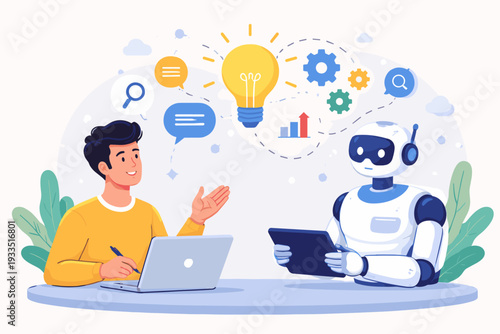 Human Collaborating with Artificial Intelligence Robot for Creative Idea Generation and Brainstorming, Man Working on Laptop with AI Assistant Holding Tablet, Innovation and Future Technology Concept