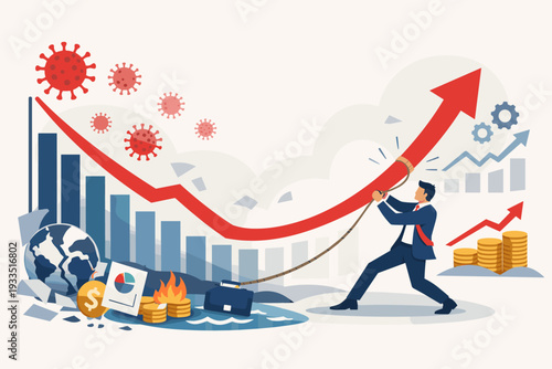 Businessman Pulling Up Red Growth Arrow with Rope to Recover from Global Financial Crisis and COVID-19 Pandemic Impact, Concept of Business Resilience, Market Restoration and Economic Success.