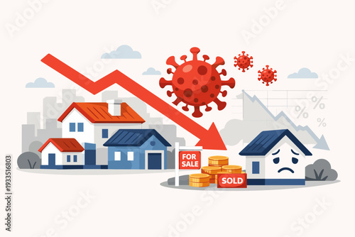 Impact of Coronavirus COVID-19 pandemic on real estate market with falling prices, red downward arrow, houses for sale and sold, economic crisis, financial loss, and property value decline.