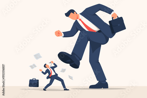 Giant Corporate Businessman About to Step on Small Employee, Concept of Business Competition, Monopoly, Power Imbalance, and Big Corporation Dominance Over Small Business and Individual Workers
