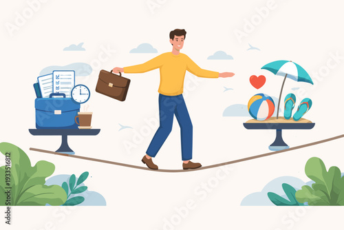 Work Life Balance Concept Vector Illustration of a Man Walking on Tightrope Balancing Career and Leisure. Businessman Managing Stress with Office Supplies and Beach Vacation Icons on Scales.