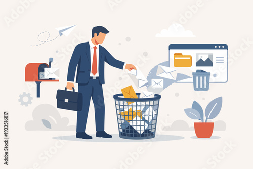 Businessman in a suit throwing letters into a trash can, concept of deleting spam or managing read mail from a mailbox and digital file manager, professional inbox cleanup vector illustration.