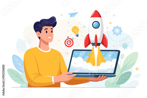 Young Entrepreneur Launching a Startup Business Concept Illustration with a Man Holding a Laptop and a Rocket Taking Off Symbolizing Success Innovation Growth and New Project Development