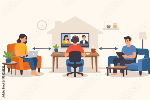 People Working from Home and Video Conferencing with Social Distancing. Flat Vector Illustration of Remote Work, Online Meetings, and Telecommuting during Quarantine in the New Normal Lifestyle.