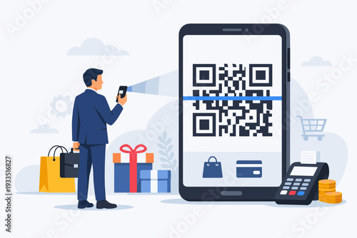 Businessman scanning large QR code on giant smartphone for mobile payment. Digital transaction, contactless payment, e-commerce, and fintech concept with shopping bags and POS terminal illustration.