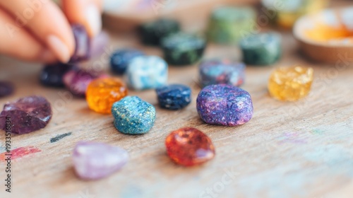Selecting colorful stones on a wooden table for crafting
