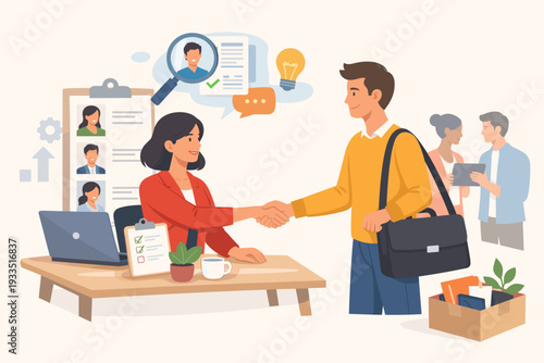Personnel management and recruitment concept with HR manager shaking hands with a new employee. Human resources hiring process, job interview, and onboarding in a flat vector illustration.