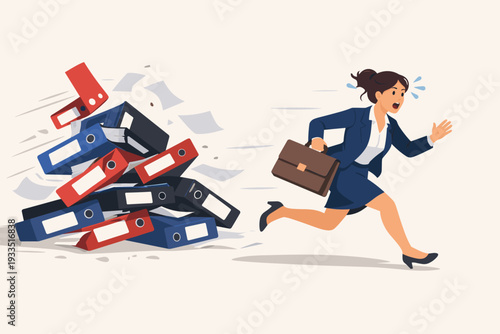 Overworked businesswoman running from a falling pile of office binders and documents, concept of workload pressure, burnout, deadline stress, administrative chaos, and professional exhaustion vector