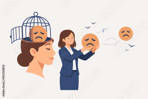 Businesswoman releasing negative thoughts and anxiety from a cage in her head, mental health concept of letting go of sadness and stress for emotional freedom and positive mindset illustration.