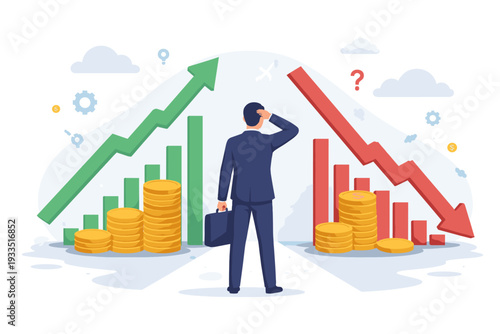 Professional Businessman Standing Between Rising Green and Falling Red Financial Charts with Gold Coins, Illustrating Market Volatility, Investment Success, Economic Loss, and Strategic Risk.