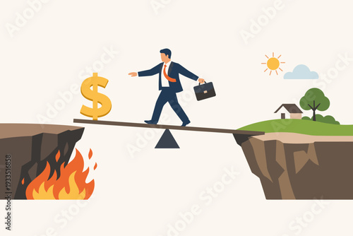 Businessman balancing on a seesaw between a dollar sign over fire and a peaceful home, representing financial risk, career choices, investment safety, and the pursuit of life stability.