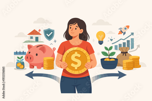 Woman holding a large gold coin deciding between saving and investing. Personal finance concept with piggy bank, house, money bag, growth chart, rocket, and lightbulb for wealth management.