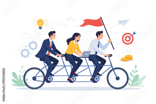 Teamwork and Business Collaboration Concept with Three Professionals Riding a Tandem Bicycle Towards a Goal with Symbols of Ideas, Strategy, Success, and Financial Growth Vector Illustration