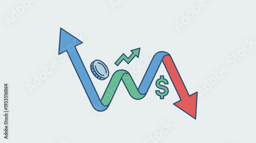 Financial Volatility Concept Featuring Upward and Downward Arrows Representing Stock Market Fluctuations, Investment Risk, Economic Uncertainty, and Currency Symbols in a Flat Vector Illustration