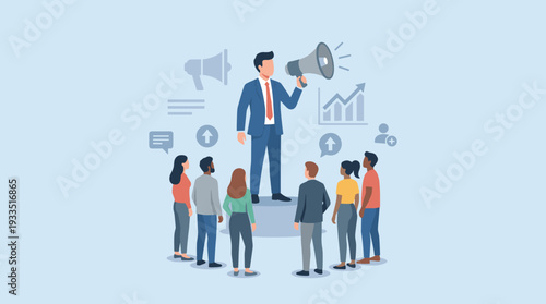 Businessman with megaphone speaking to audience for social media marketing and increasing subscribers concept. Professional leader promoting business growth, digital communication, and public