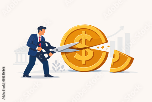 Tax deduction or reduction concept, businessman with scissors cutting part of dollar coin, metaphor for budget cut, cost saving, financial management, economic policy, and profit sharing vector