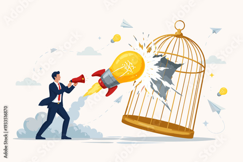 Businessman Launching Rocket Lightbulb to Break Out of Golden Cage, Symbolizing Unleashing Creativity, Innovative Business Ideas, Freedom of Thought, Startup Breakthrough, and Mental Liberation.