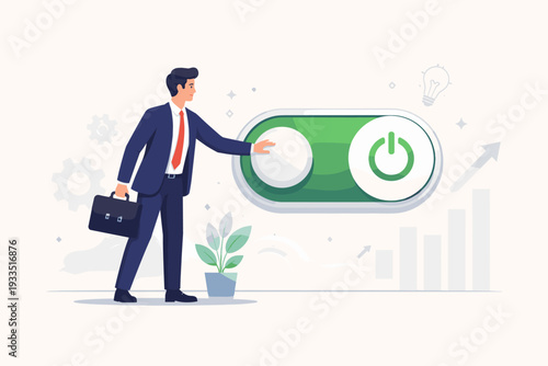 Businessman in a suit pushing a large green toggle switch to turn on business growth and success. Concept of starting a new project, activation, innovation, and leadership in professional office.