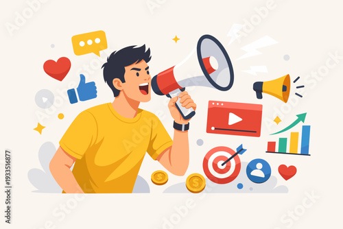 Young man shouting into a megaphone for digital marketing and social media promotion, vector illustration with icons for likes, video content, growth charts, target, and influencer engagement.