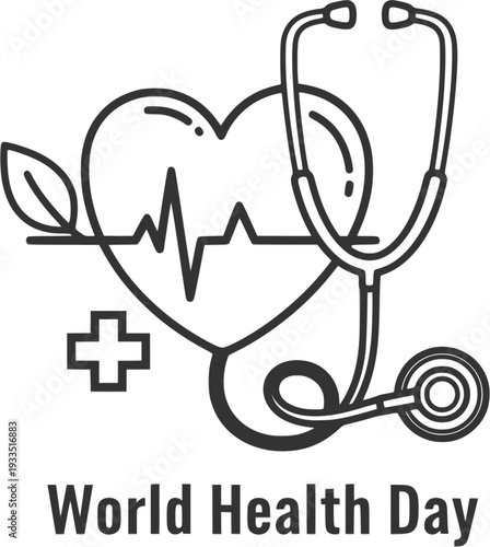 World Health Day celebration with stethoscope and heart pulse vector graphic