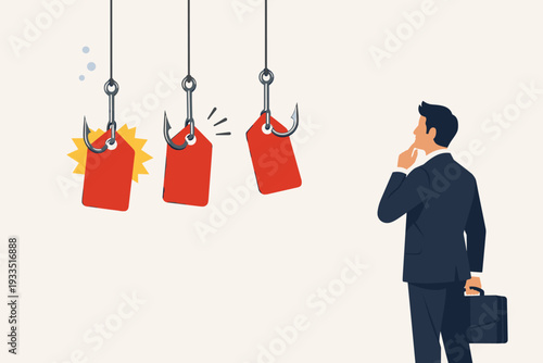Business professional contemplating red price tags hanging from fishing hooks as bait, conceptualizing marketing traps, promotional lures, consumer deception, and retail sales strategies.