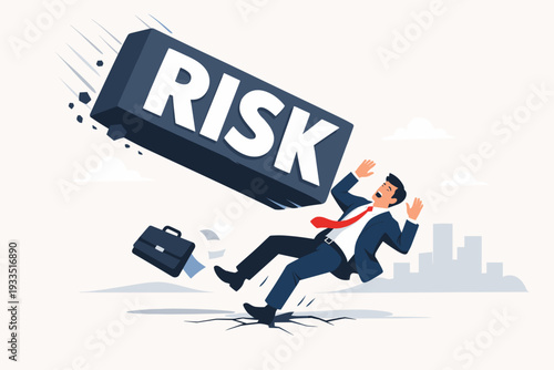 Businessman in a suit falling in fear as a giant heavy block with the word RISK falls on him, representing business danger, financial crisis, unexpected failure, and corporate management risk.