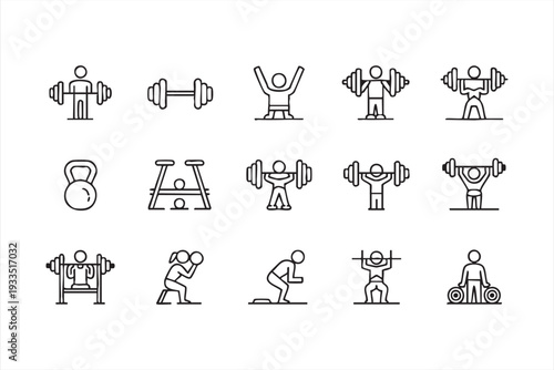 Gym Fitness Line Icons Set with Weightlifting and Strength Training Symbols
