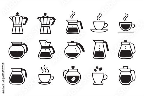 Coffee Maker and Mug Symbol Set for Restaurant and Cafe Use