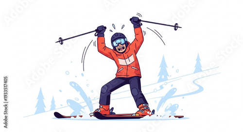 Man celebrating on skis with arms raised in winter sports victory