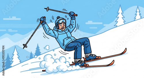 Man skiing down snowy mountain losing balance fun winter sports