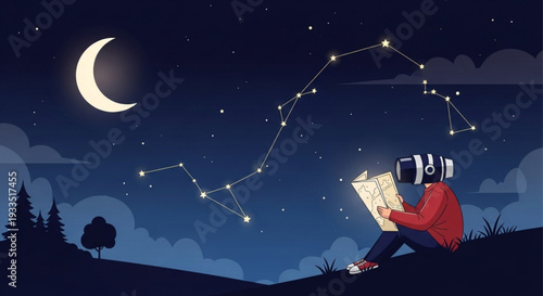 Person wearing vr headset stargazing at night sky with constellations and crescent moon