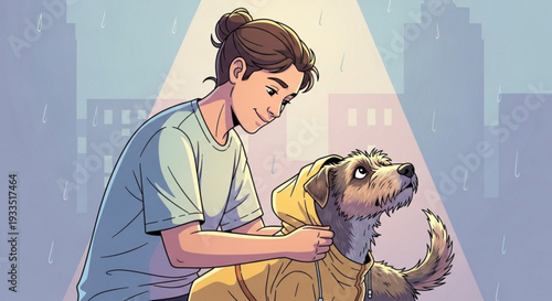 Woman in light blue shirt comforts brown dog wearing yellow hoodie on rainy city street at night