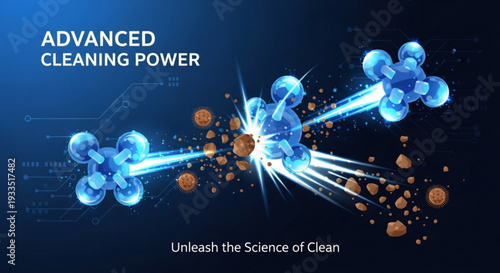 Advanced cleaning power molecules breaking down dirt and grime on a dark blue background with dynamic light effects