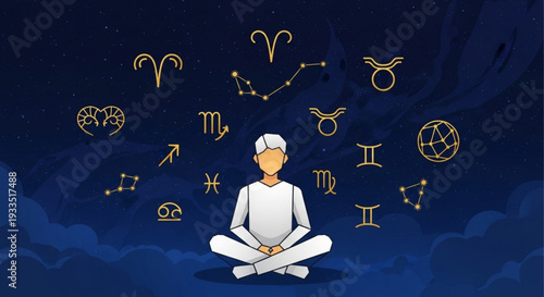 Man meditates under starry night sky with zodiac signs and constellations floating around him in gold