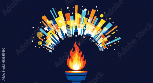 Vibrant torch with colorful sparks and flames on dark background symbolizing energy and inspiration