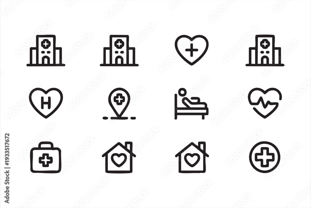Fototapeta premium Health Clinic and Patient Care Outline Icons in Minimal Vector Style