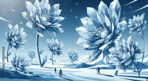 Large blue flowers in snowy landscape with people walking serene winter scene with icy blooms and dark blue sky