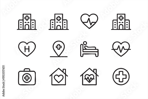 Healthcare and Medicine Icon Set with Hospital and Heart Symbols