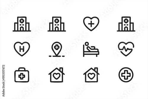 Health Clinic and Patient Care Outline Icons in Minimal Vector Style