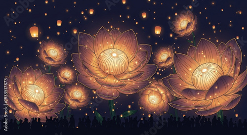 Glowing lotus lanterns floating in night sky with dark background and grass