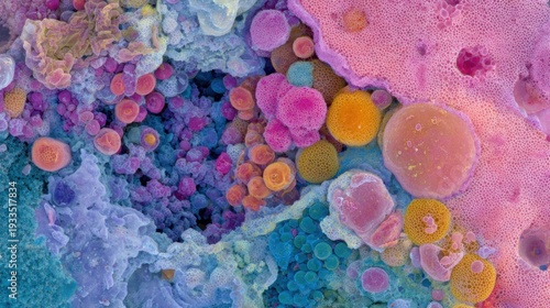 Colorful patterns and shapes in a close-up view of microscopic organisms