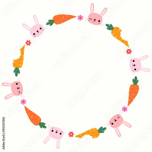Cute round border with pink winking bunnies and carrots, fun children border for healthy eating or Easter designs