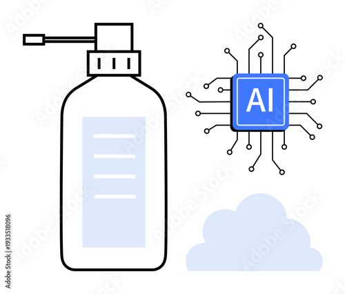AI, healthcare, technology, automation, smart devices, cloud computing. Image a pump dispenser, AI chip cloud graphics. AI and healthcare innovation concept automation